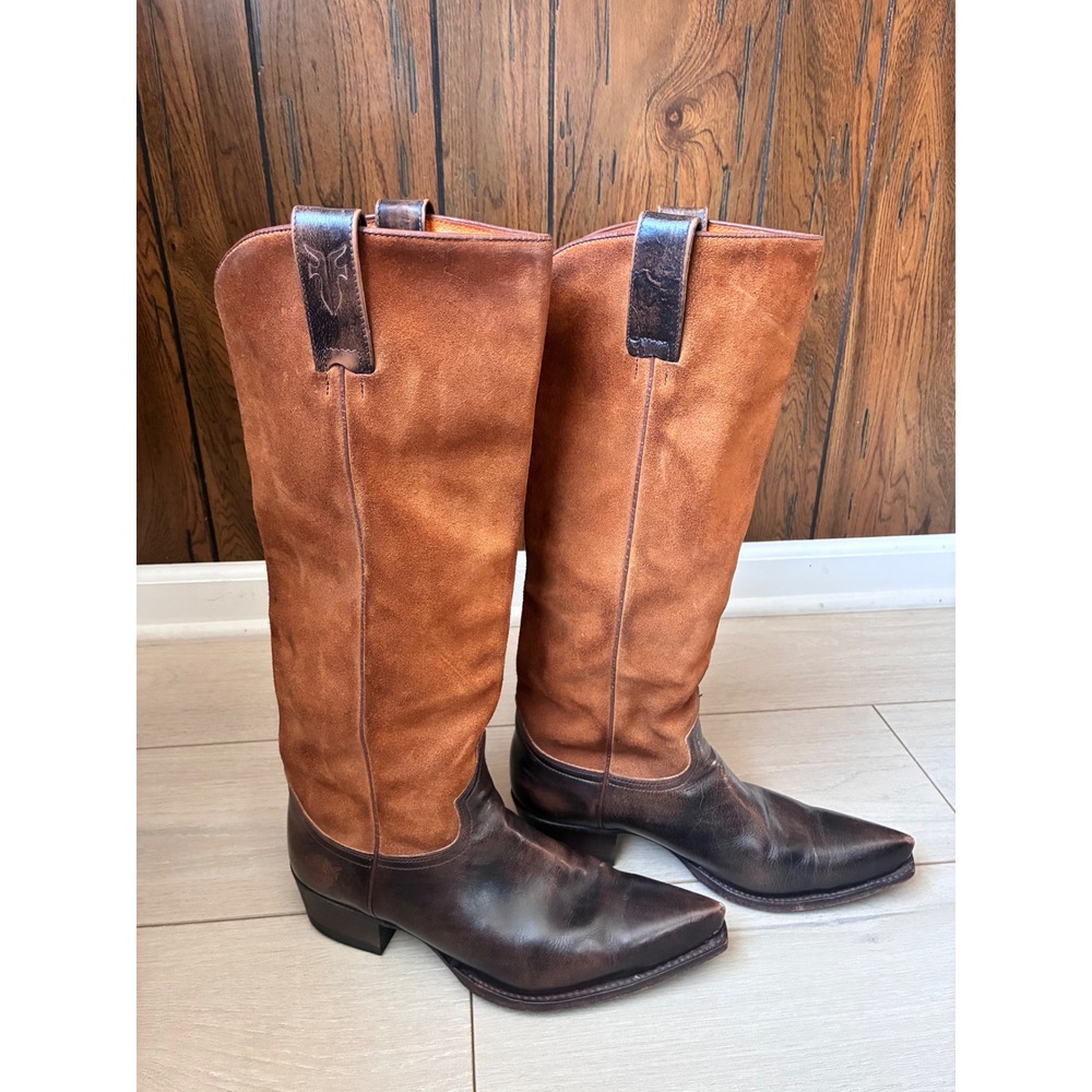Frye Women Brown Leather Suede Tall Western Cowgirl Pointed Toe Boots Size 9 M